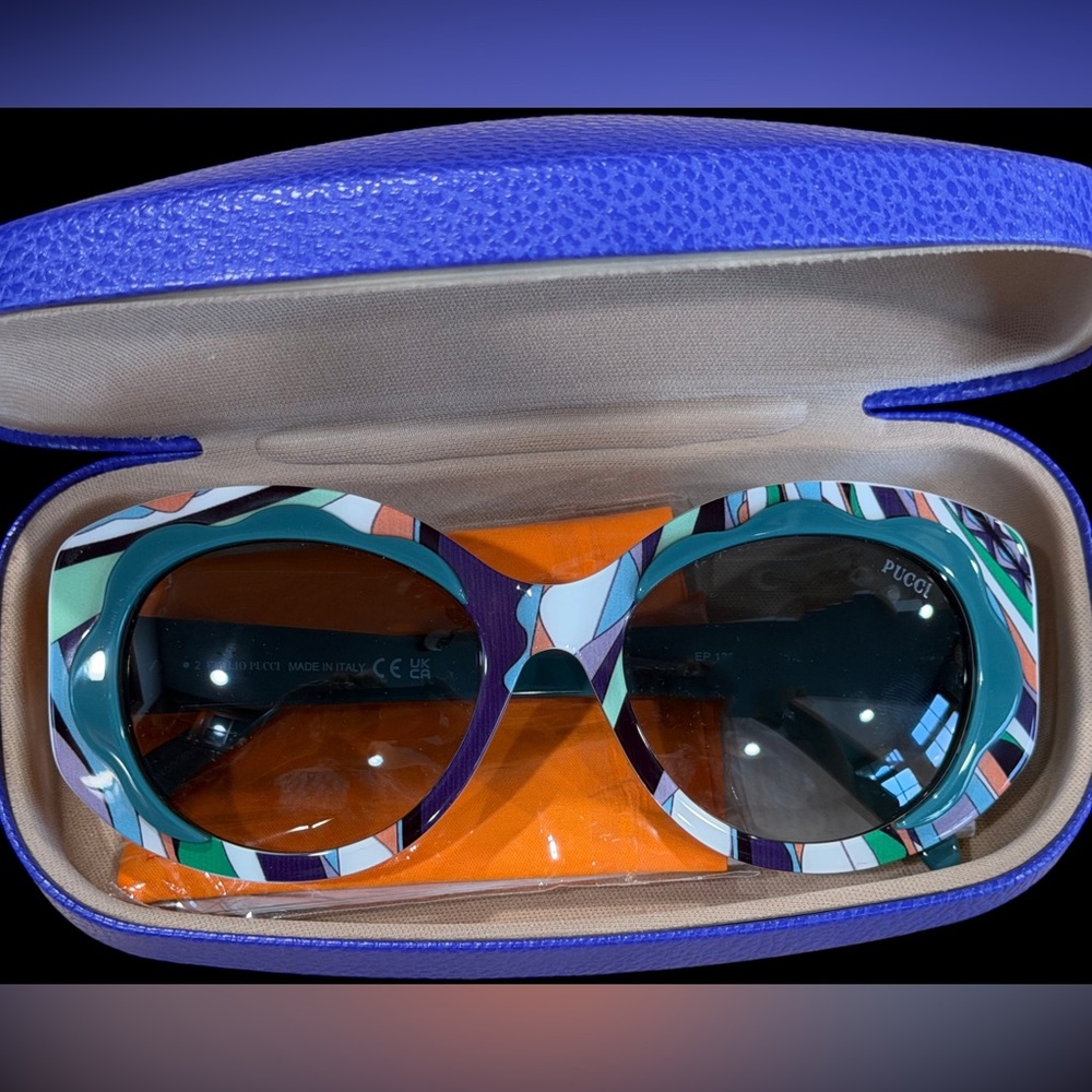 Emilio Pucci Multicolor Patterned Round Sunglasses w Teal Temples new with case! - Picture 3 of 9